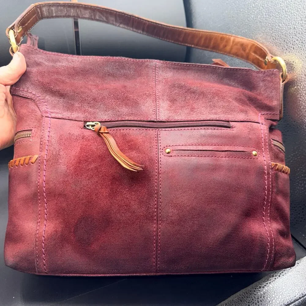 Nino Bossi Burgundy Leather Hobo Bag Whipstitch Boho Shoulder Purse